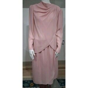 Vtg 60s 70s Dusty Rose pink chiffon dress 2 piece layered Secretary Sheer 18